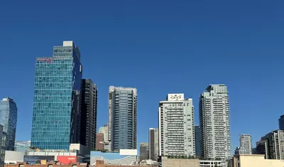 a view of a city skyline with tall buildings at DTLA prime one bedroom steps away from Crypto in Los Angeles