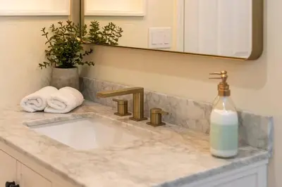 a bathroom sink with a bottle of soap on it at Disney Frozen Fantasy by OC Adventure Homes in Garden Grove
