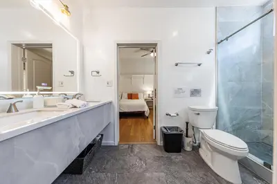 a bathroom with a sink and a toilet and a shower at Welcoming & Spacious 2-Bedroom Guest Suite in Torrance 20 Minutes from LAX in Torrance