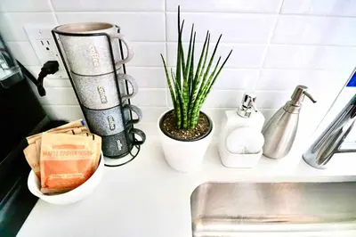 a kitchen counter with a sink and some plants at 2 KING BEDS Walk PIER BEACH and 3rd St PROMENADE in Los Angeles