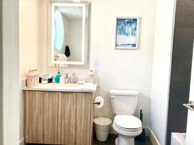 a bathroom with a toilet and a sink and a mirror at 2 KING BED SUITE WALK to BEACH,PIER, PROMENADE in Los Angeles