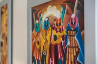a painting of colorful objects on a wall at Cozy Private 1BR Near LAX & SoFi, Pet-Friendly in Los Angeles