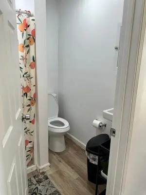 a bathroom with a toilet and a shower curtain at Naryn Guest House 3 in Los Angeles