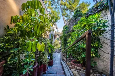 a walkway in a garden with plants at Secret Stairs Family in Los Angeles
