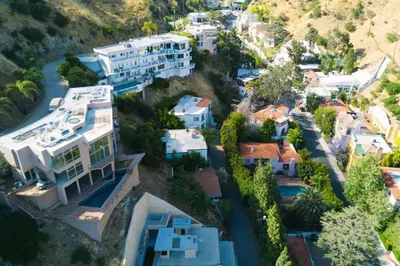 an aerial view of a house on a hill at Secret Stairs Family in Los Angeles