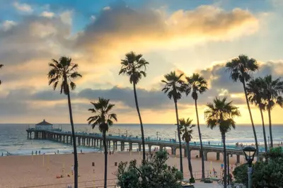 a group of palm trees on a beach with a pier at Villa Victoria Guest House in Los Angeles