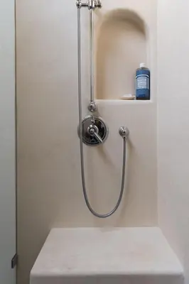 a shower in a bathroom with a bottle on a shelf at Lush Venice Beach Oasis Home -just steps to beach in Los Angeles
