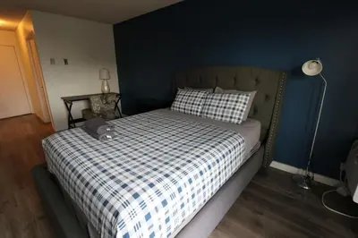 a bedroom with a bed with a checkered comforter at Nice Queed bed apt in Beverly Hills neighborhood in Los Angeles
