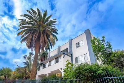 a building with a palm tree in front of it at Private Guesthouse Studio Near Echo Park in Los Angeles