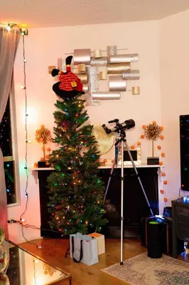 a christmas tree in a living room with a camera at Beach lovely home in Santa Monica in Los Angeles