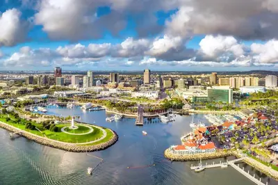 an aerial view of a city with a harbor at Steps to the Beach - Games - Free Parking in Long Beach