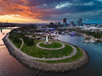 an island in the water with a monument in the middle at Steps to the Beach - Games - Free Parking in Long Beach