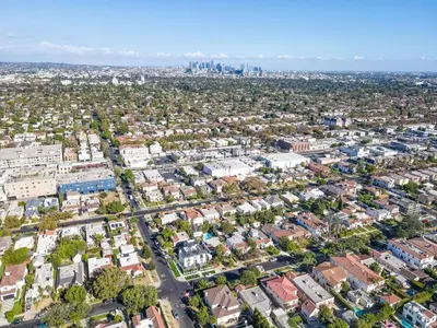 an aerial view of a city with buildings at Modern 5 Bed with Guest House & Pool West Hollywood in Los Angeles