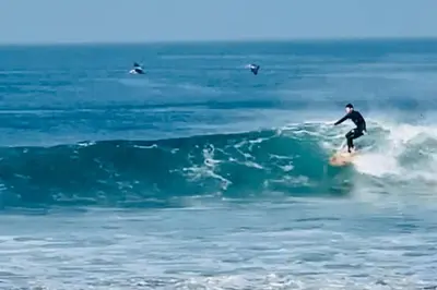 a man riding a wave on a surfboard in the ocean at Ocean View Penthouse 2 Bdrm 2 Bath w garage 2 Blocks to sand in Manhattan Beach