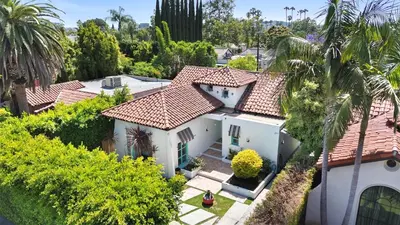an aerial view of a white house with red roofs at Luxury 4BR Villa with Private Pool in Los Angeles Crescent Heights in Los Angeles