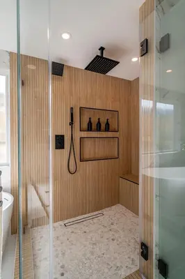 a bathroom with a shower with a glass door at Phenomenal King, Air, Rooftop Deck, Walk to Beach in Hermosa Beach