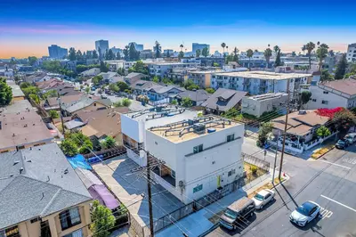 an aerial view of a city with buildings at Upscale 4BR Townhouse Sleeps 8 with Fast WiFi in Los Angeles