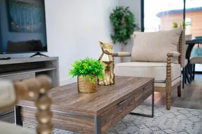 a living room with a coffee table with a cat statue on it at 2BR 2BA Villa in Melrose with Free Parking in Los Angeles