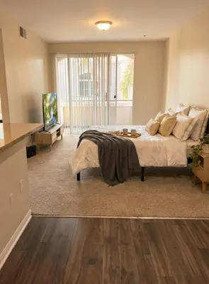 a large bedroom with a bed and a television at Marina Del Rey Heavenly Stay in Los Angeles
