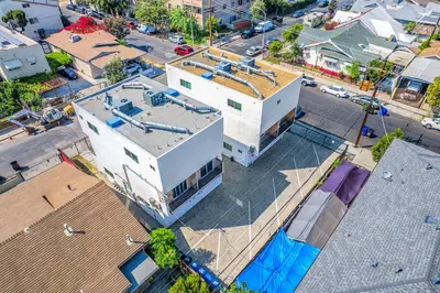an overhead view of a city street with buildings at Spacious 4BR Townhouse with Free Parking Near DTLA in Los Angeles