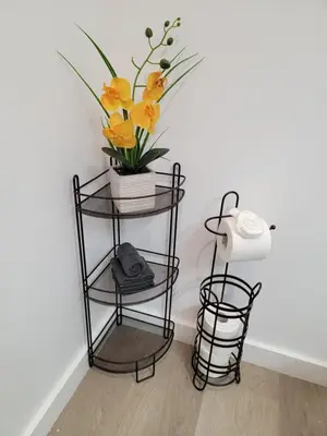 a black wire shelf with a plant and a lamp at Spacious 2-Bedroom, One and a Half Bath Home in Pico-Robertson Near Beverly Hills and Cedars-Sinai in Los Angeles
