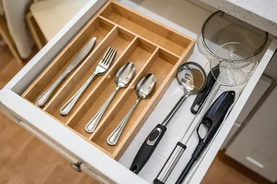 a tray with silver utensils on a kitchen counter at Modern Cozy Stay w Outdoor Patio & Grill in Pomona