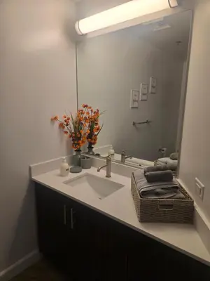 a bathroom with a sink and a large mirror at 2 Bedroom with City Views in Los Angeles