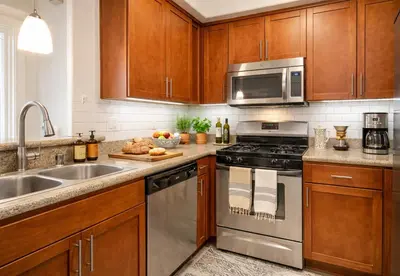 a kitchen with stainless steel appliances and wooden cabinets at Demo2 in Los Angeles