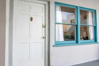 a door with a blue window on a house at Affordable 1BR apt near Beverly Hills in Los Angeles