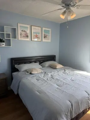 a bedroom with a large bed with a ceiling fan at Backup rooms in Los Angeles