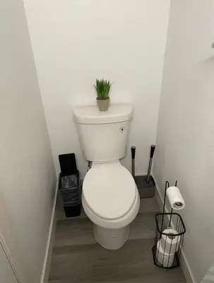 a bathroom with a toilet with a plant on top of it at Hidden Gem in San Bernardino