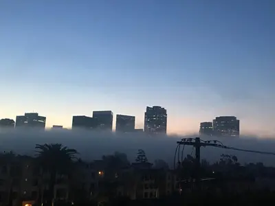 a foggy city skyline with buildings in the background at Fara UCLA in Los Angeles