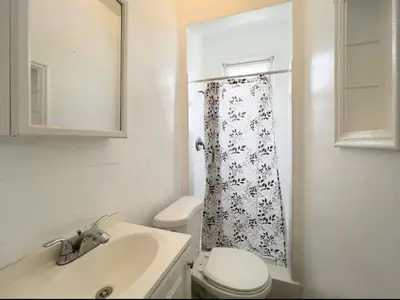 a bathroom with a toilet and a shower curtain at Cozy Studio, Studio City Unit 3 in Los Angeles