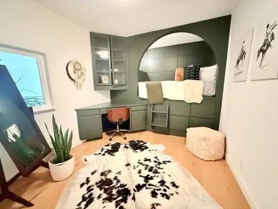 a bedroom with a bed with an archway in it at Lavender House - Serene Ojai Retreat, Pool, Orchard in Ojai