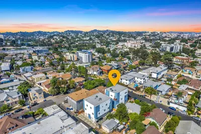 an aerial view of a city with a yellow circle on top at Central LA Escape Near Universal & Beaches in Los Angeles