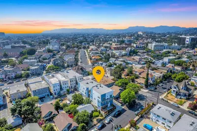 an aerial view of a city with a yellow spot on it at Central LA Escape Near Universal & Beaches in Los Angeles