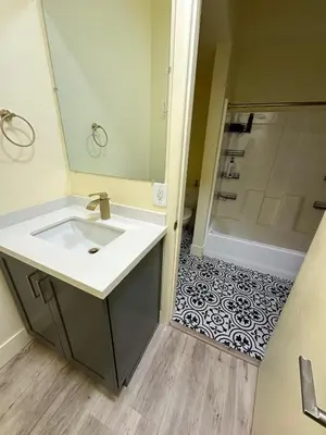 a bathroom with a sink and a shower at Shared room, Prime Location LA in Los Angeles