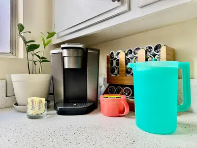 a kitchen counter with a coffee maker and a cup at Proper Stays at Melrose - West Hollywood Premium R suite in Los Angeles