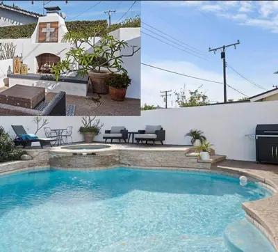a collage of photos of a swimming pool and a house at Peace of Paradise - Heated Pool, Spa & Fireplace in Simi Valley