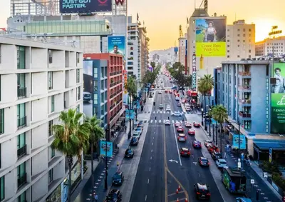 a busy city street with cars on the road at Modern Hollywood Apt with Pool Spa & Great Views in Los Angeles