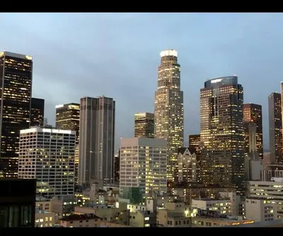 a view of a city skyline at night at Snazzy 3BR Apt Hollywood with Pool & Spa in Los Angeles