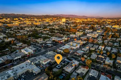 an aerial view of a city with a yellow marker at Sleek Premium Studio Near The Grove & Fairfax in Los Angeles