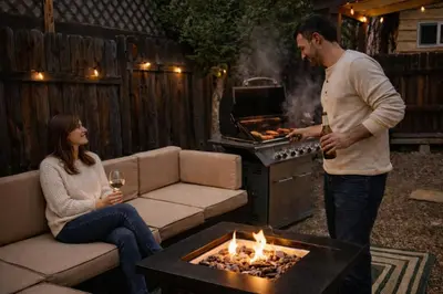 a man and a woman cooking food in a grill at In the Pines Romantic Big Bear Forest Cabin in Fawnskin
