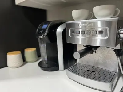a coffee maker sitting on top of a counter at ENSUITE MASTER BEDROOM IN WEST HOLLYWOOD - super host in Los Angeles