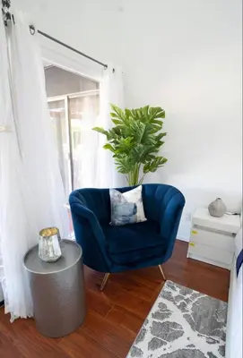 a blue chair in a living room with a potted plant at silver in Chatsworth