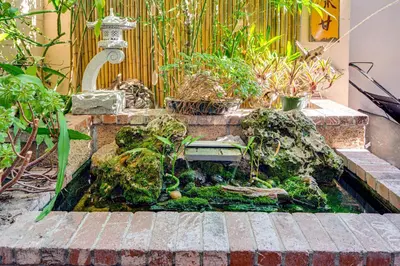 a garden with a pond with plants and a fence at Peacock House Sanctuary 4 Mi to Old Pasadena! in Pasadena