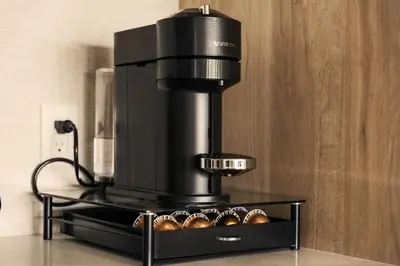 a coffee maker on a stand with buns at The Velvet Coast - Grand 3BR Artistic Haven in Los Angeles