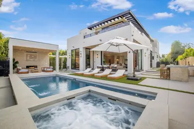 a pool in the backyard of a house at Amestoy Modern in Los Angeles