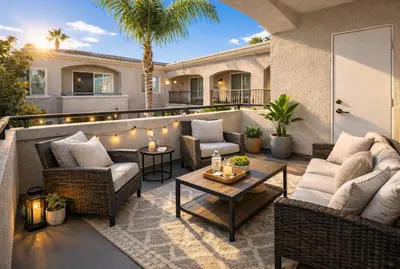 a patio with two couches and a table at Coastal Modern in MDR in Los Angeles
