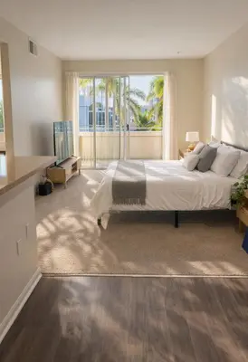 a bedroom with a large bed and a large window at Marina del Rey Cozy 1BR - Near Venice Beach in Los Angeles